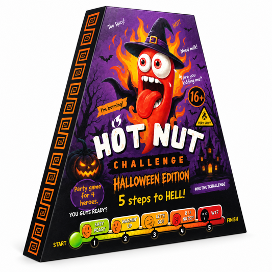 Prednja strana kutije igre Hot Nut Challenge, crtani crveni lik i oznaka 16+